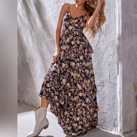 Boho Black Ruffled Floral Cami Dress Small NWOT - Picture 2 of 6